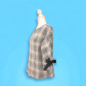 CHARTER CLUB Textured Plaid Top Boat Neckline Black Bow Kimono Sleeves Sz S NEW